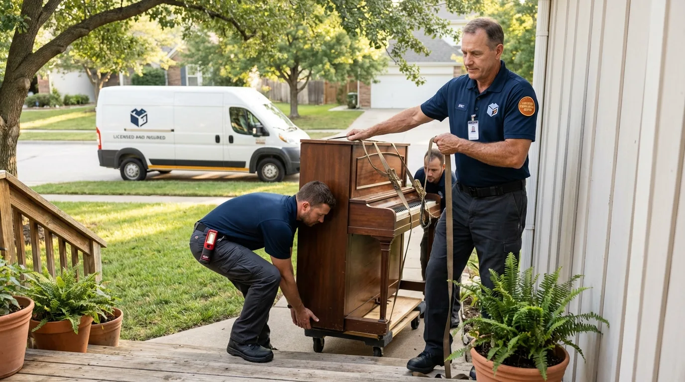 Licensed piano movers securing grand piano in Aromas, CA