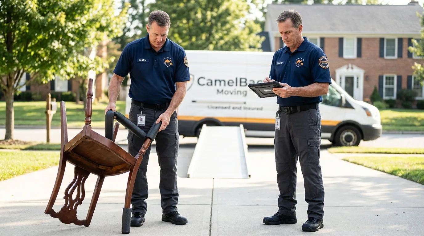 Movers inspecting furniture for damage prevention before loading in Aromas, CA