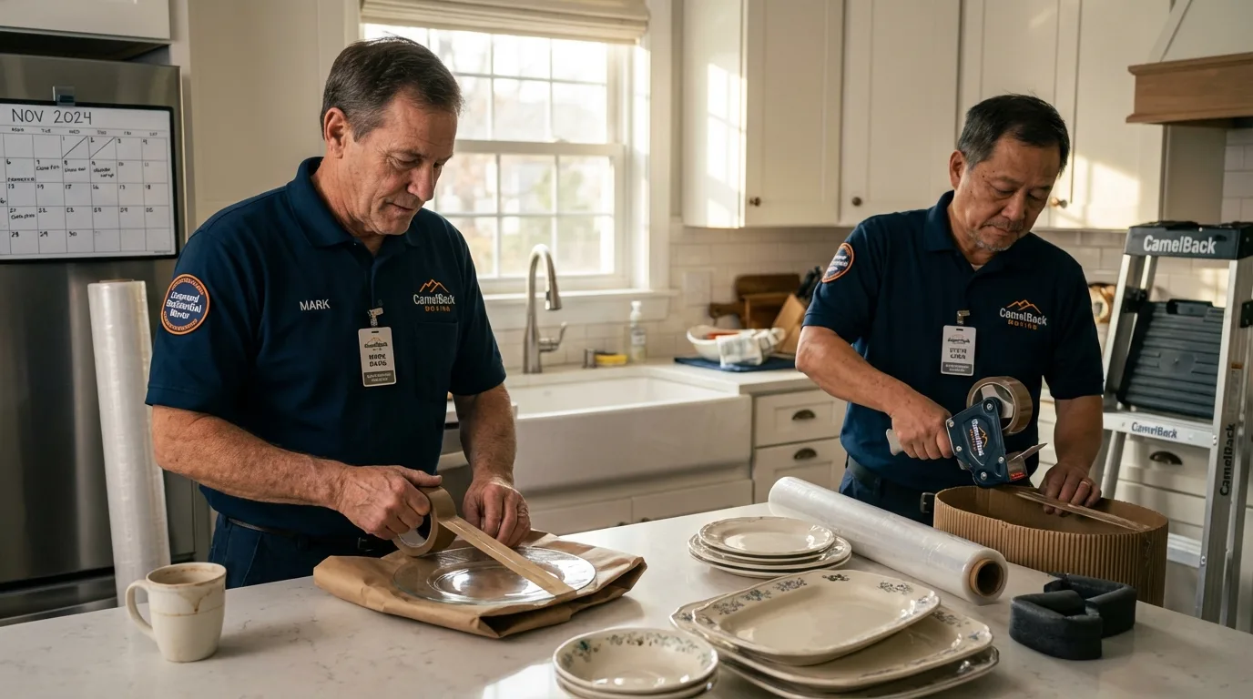 Professional crew packing kitchen dishware in Aromas, CA